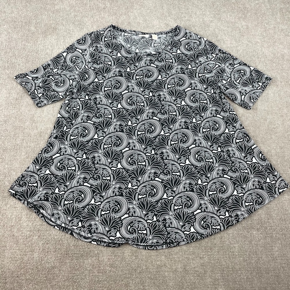 Chico's Tunic Top Womens 2 Black White Paisley Print Short Sleeve Round Neck